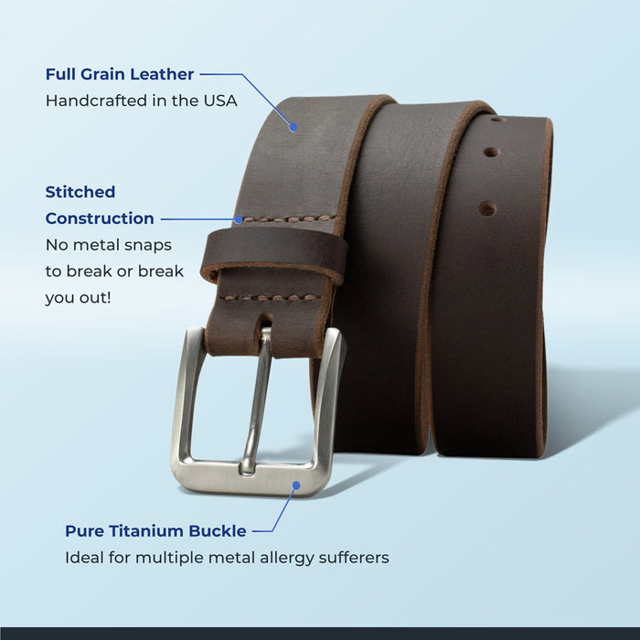 Full grain leather: made in USA; stitched construction: no snaps; pure titanium: low allergenicity.