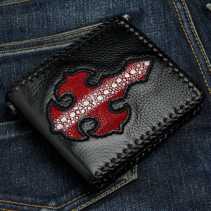 Front view of Row Red Cross Stingray Leather Biker Wallet with hand-woven edges