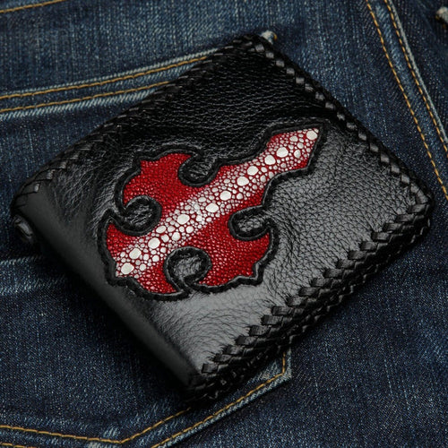 Front view of Row Red Cross Stingray Leather Biker Wallet with hand-woven edges