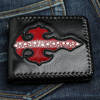 Close up of Gothic Cross design made from genuine red stingray leather