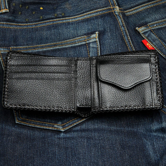 Interior view showing card slots and coin pocket of the black leather biker wallet