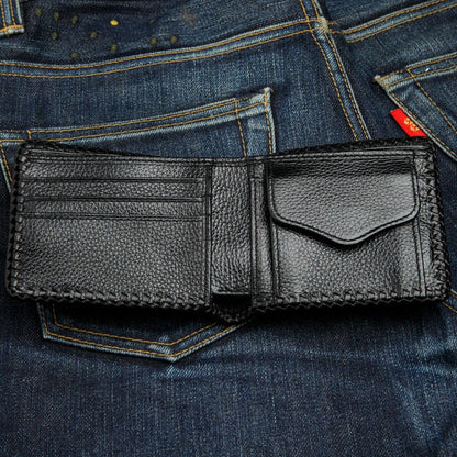 Interior view showing card slots and coin pocket of the black leather biker wallet