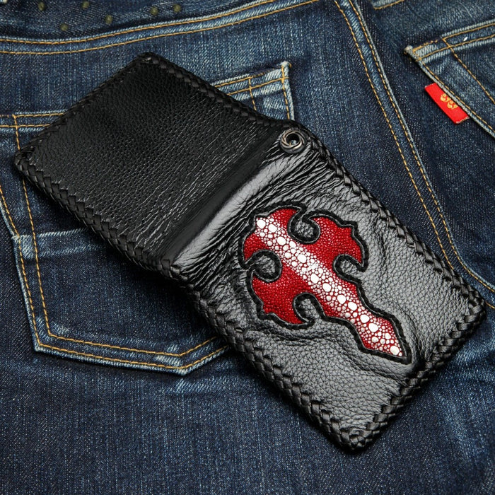Back view of the wallet highlighting the hand-woven leather lacing detail