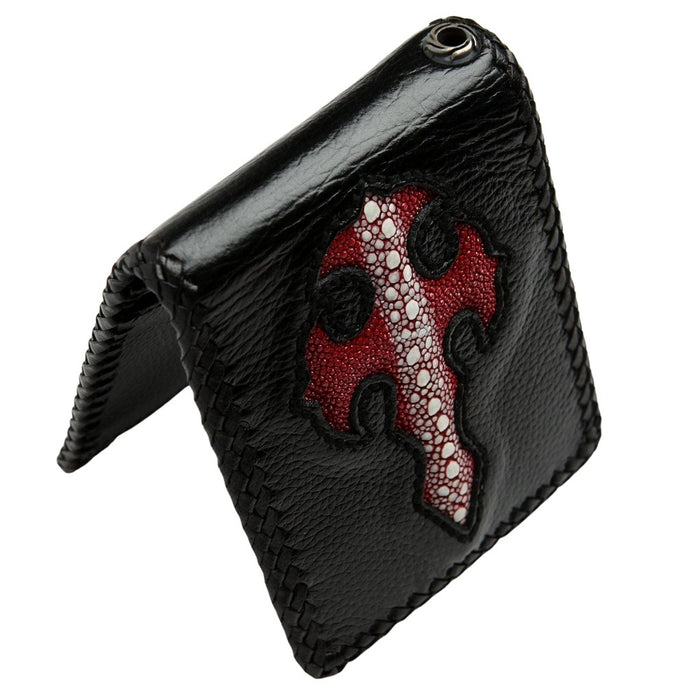 Side profile of the folded wallet showing the silver-tone grommet attachment