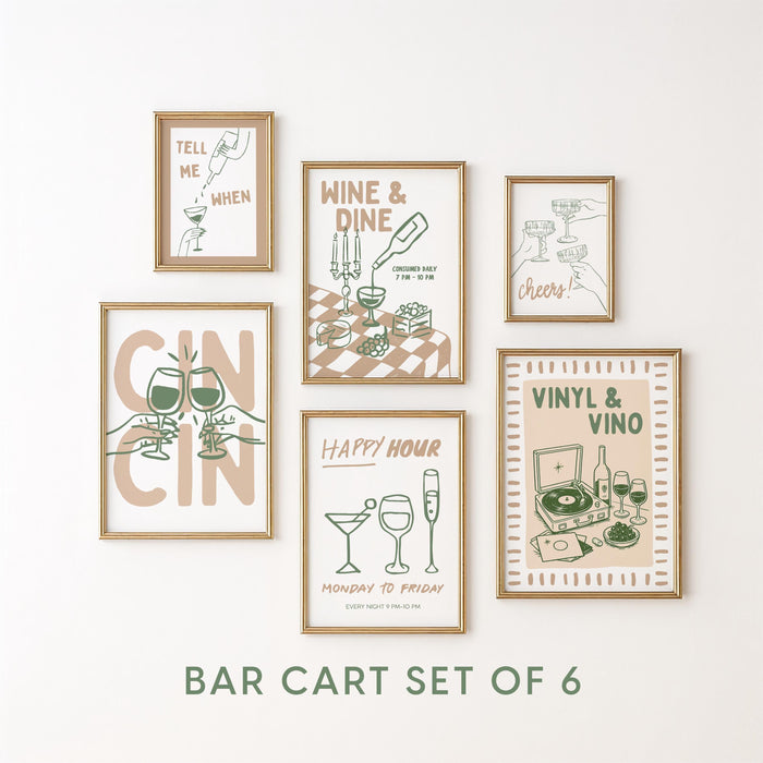 Sage Green Bar Cart Wall Art Set of 6, Wine & Vinyl Prints, Cocktail Bar Decor, Retro Gallery Wall, Printable Bar Cart Art, Vinyl Vino Art