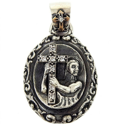 Front view of the Saint & Cross Medallion Pendant featuring a figure holding a CZ-lined cross against oxidized sterling silver