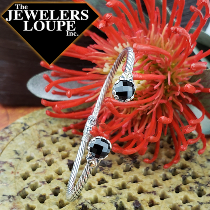 Samuel B. Sterling Silver and 18K Yellow Gold Twisted Cable Bangle with 7mm round checkerboard cut Black Spinel and Balinese Detail.