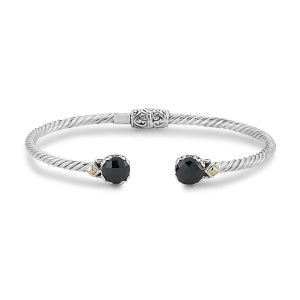 Samuel B. Sterling Silver and 18K Yellow Gold Twisted Cable Bangle with 7mm round checkerboard cut Black Spinel and Balinese Detail.