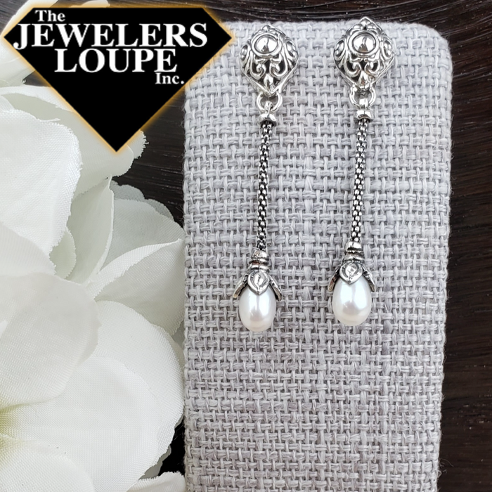 Samuel B Sterling Silver White Pearl Drop Earrings with Balinese Design Accents.