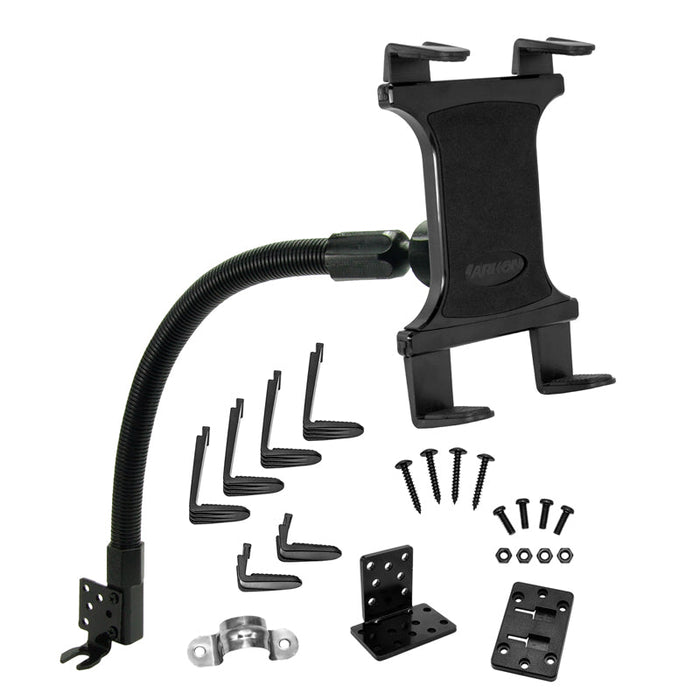 The Car or Truck Seat Rail or Floor Slim-Grip® Tablet Mount, shown in black with a flexible gooseneck, multiple brackets, and hardware, is ideal as a car seat rail tablet holder or truck ELD mount.