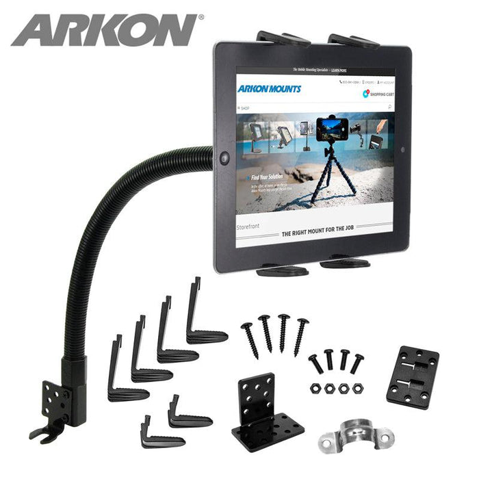The Car or Truck Seat Rail or Floor Slim-Grip® Tablet Mount includes a flexible gooseneck arm, multiple bracket attachments, screws, and mounting plates—ideal as a tablet or truck ELD mount. Shown with a tablet displaying the Arkon Mounts website and logo.
