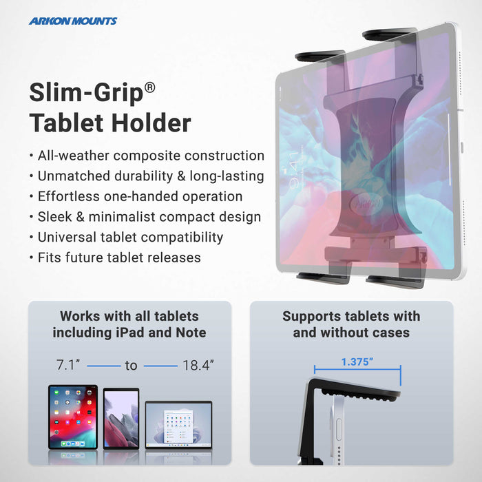 Image showing the Heavy-Duty Drill-Base Tablet Mount with 22 Arm, featuring all-weather construction, compact design, wide tablet compatibility (7.1 to 18.4), and an adjustable arm for use with or without cases.