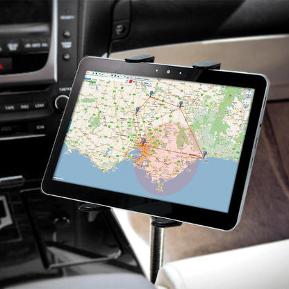 A Car or Truck Seat Rail or Floor Slim-Grip® Tablet Mount holds a tablet in the car, displaying a route map with marked points for navigation or directions while driving.