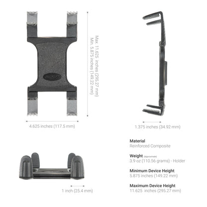 Technical specifications of a car mount device on a white background