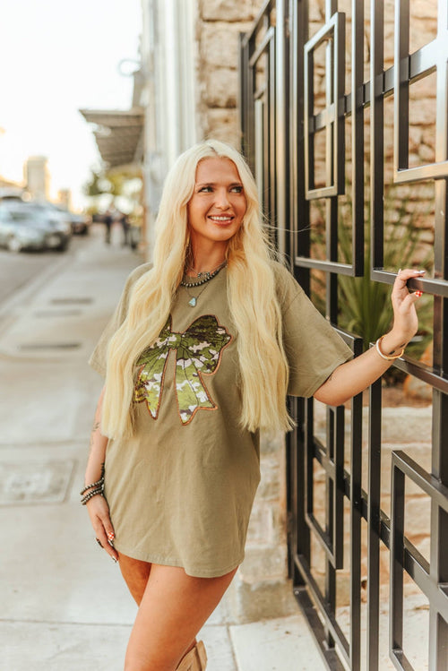 Sequin Camo Bow Graphic TeeOlive GreenS
