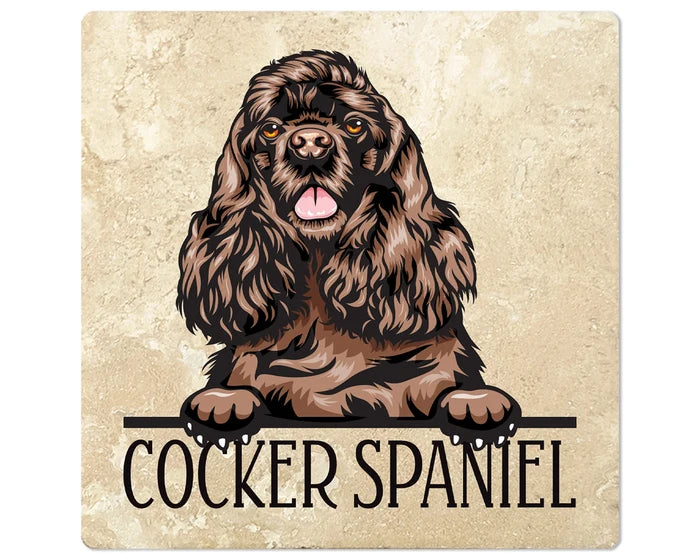[Set of 4] 4" Square Premium Absorbent Travertine Dog Lover Coasters - Dark Brown Cocker Spaniel - Christmas by Krebs Wholesale