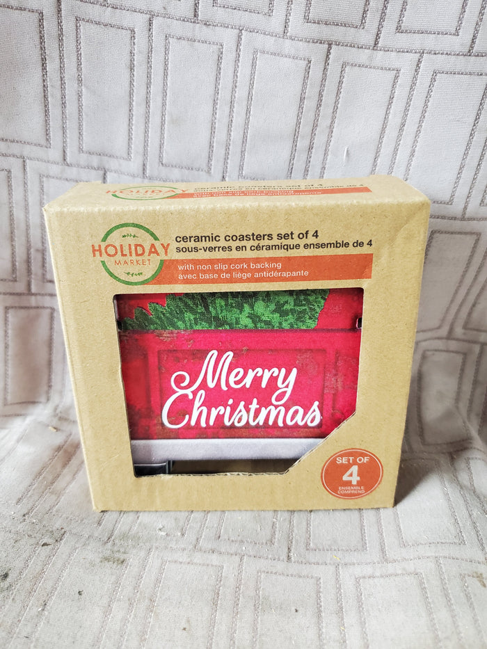Set of 4 Holiday Market Ceramic Merry Christmas Red Truck Coasters
