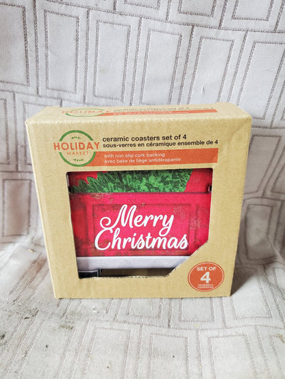 Set of 4 Holiday Market Ceramic Merry Christmas Red Truck Coasters