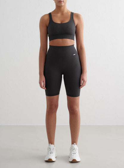 Shadow Grey Ribbed Seamless Biker Shorts & Bra Set