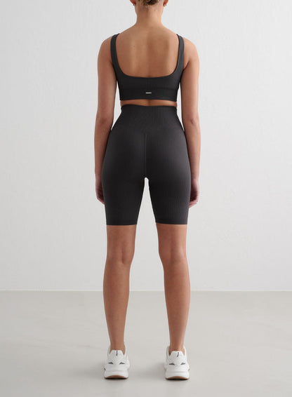 Shadow Grey Ribbed Seamless Biker Shorts & Bra Set
