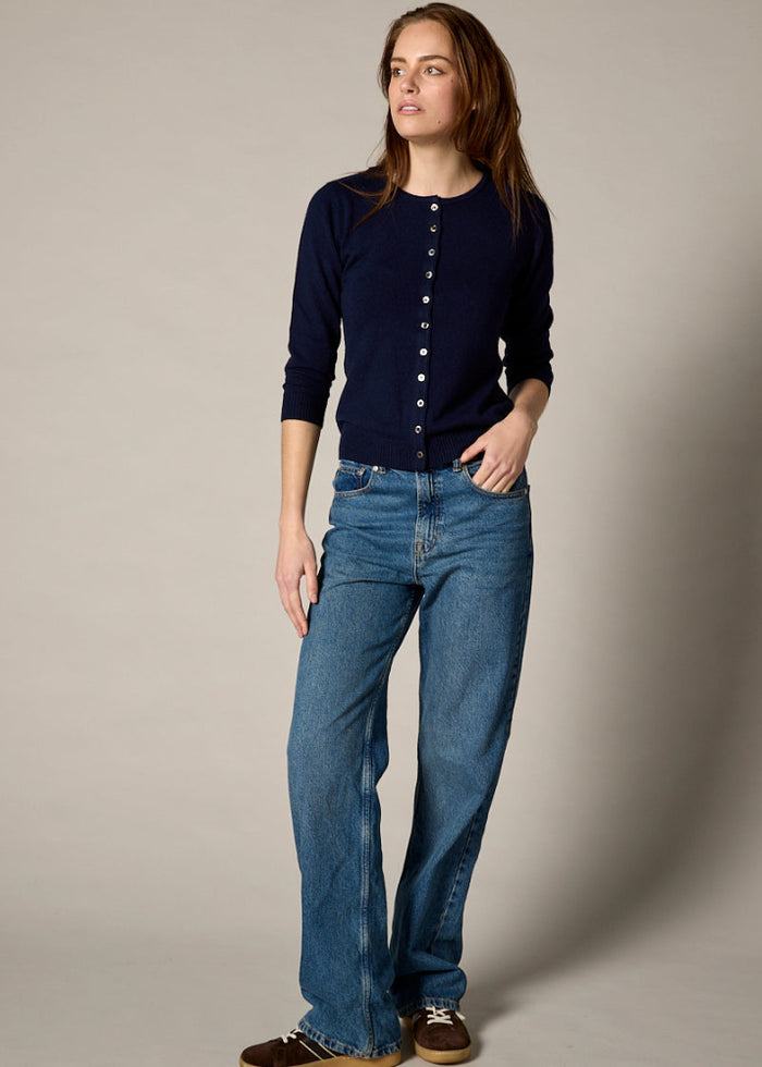 Sonya Hopkins 55% silk 45% cashmere crew cardigan in navy
