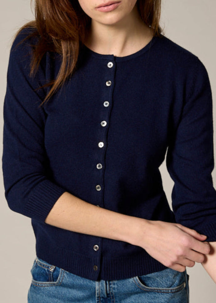 Sonya Hopkins 55% silk 45% cashmere crew cardigan in navy