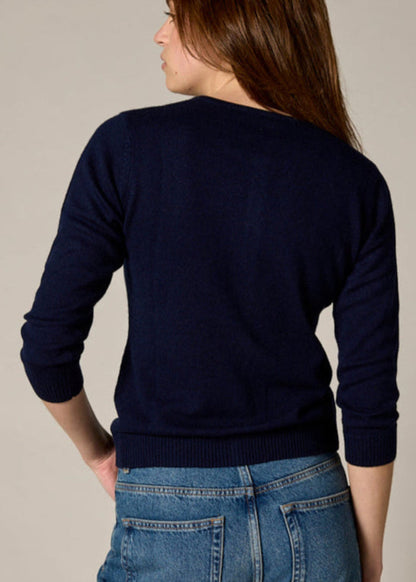 Sonya Hopkins 55% silk 45% cashmere crew cardigan in navy