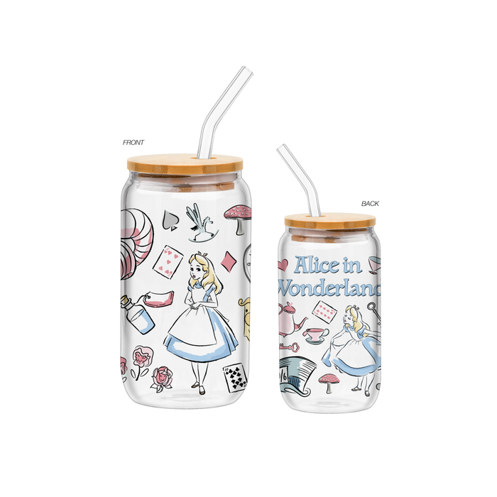 Silver Buffalo Alice in Wonderland Icons 16oz Glass Tumbler w/Bamboo Lid