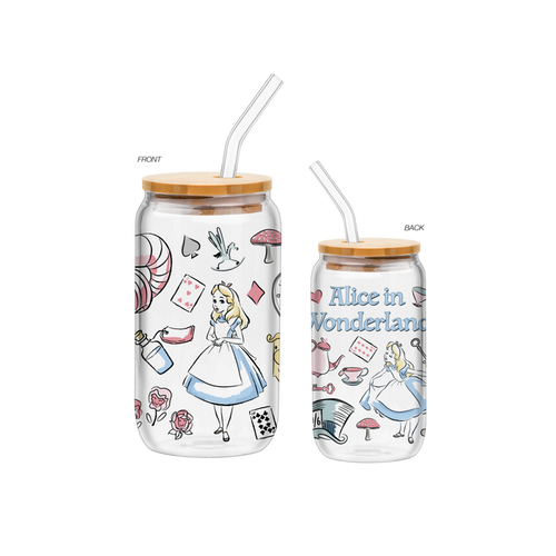 Silver Buffalo Alice in Wonderland Icons 16oz Glass Tumbler w/Bamboo Lid