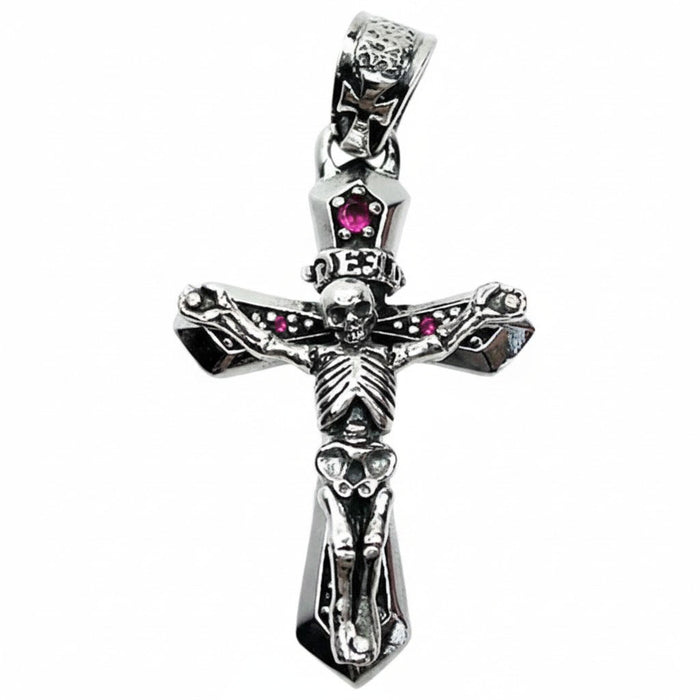 Front view of the sterling silver skeleton crucifix pendant with a red ruby CZ stone and intricate skull details.