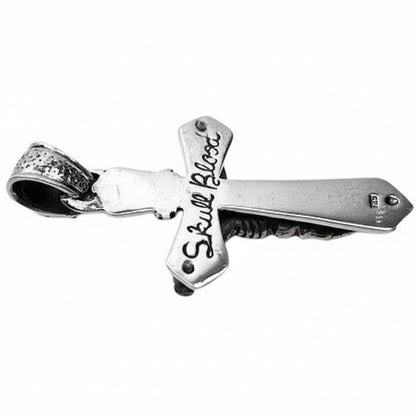 The back of the gothic cross pendant showing the 'Skull Blood' engraving and .925 sterling silver hallmark.