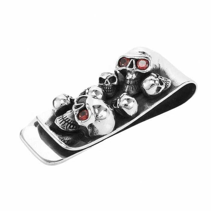 A side profile of the biker skull money clip, showing the clip's curve and skull details.