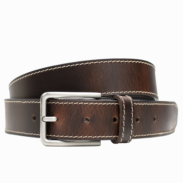 Slick City Brown Stitched Leather Belt. Brown strap with tan stitched edges.