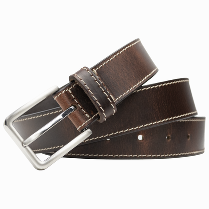 Slick City Brown Stitched Leather Belt. Squared silver-tone belt buckle.