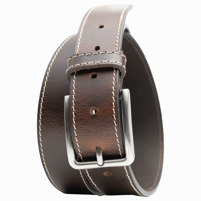 Slick City Brown Stitched Leather Belt latched. Rounded corners, zinc alloy buckle.
