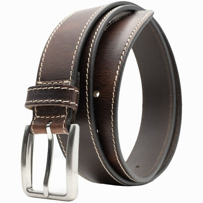 Slick City Brown Stitched Leather Belt. Rich brown tones of genuine leather strap.