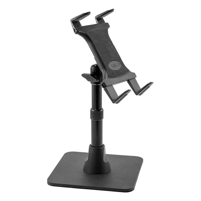 The Slim-Grip® Tablet Holder Desk Stand is a black adjustable stand with a rectangular base, vertical pole, and spring-loaded clamp to securely hold your device—ideal for versatile tablet mounting in any workspace.