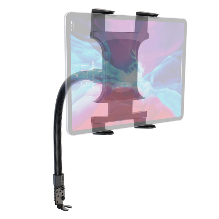 The Slim-Grip® Tablet Holder with Seat Rail Mount and 22 Bendable Arm offers hands-free tablet use, securely attaching to surfaces via a clamp base—an ideal, flexible alternative to floor mounts for versatile setups and adjustable positioning.