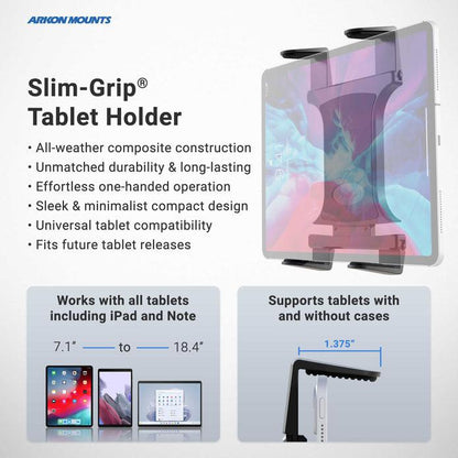 Promotional image for the Slim-Grip® Tablet Holder with Seat Rail Mount and 22 Bendable Arm, highlighting its adjustable design for 7.1–18.4 tablets and cases up to 1.375 thick—ideal as a seat rail mount for durability and flexibility.