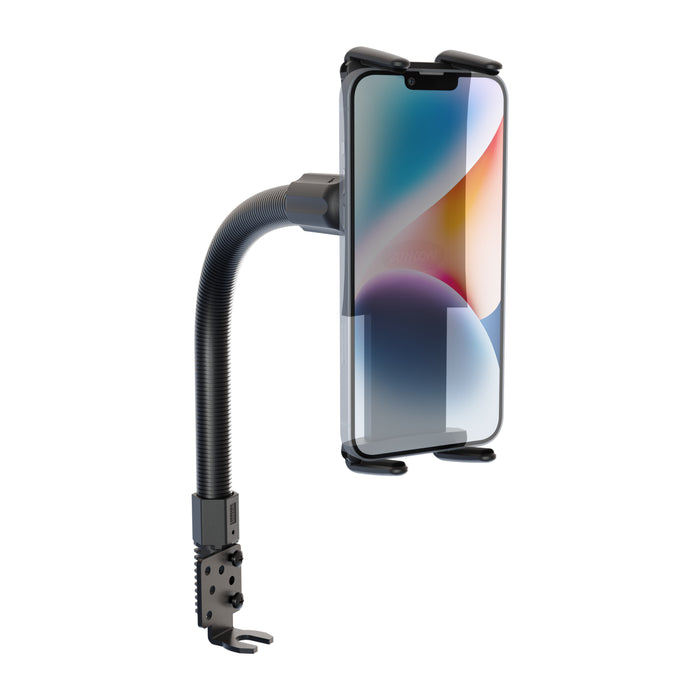 The Slim-Grip® Ultra 18″ Seat Rail or Floor Car Mount securely holds a smartphone in place with adjustable grips and a sturdy, bendable arm for hands-free use, offering convenience similar to a flexible gooseneck holder with a clamp base.