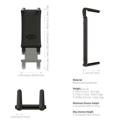 Phone Cup Holder Mount with Slim-Grip® Ultra Holder – 25mm: This black, reinforced composite device features adjustable arms to fit phones with widths of 2.38 inches and heights from 4.18 to 7.25 inches, providing durability and stability for hands-free use. Perfect as a car cup holder phone mount or for versatile mounting needs anywhere, it includes three angled views and a list of detailed dimensions.