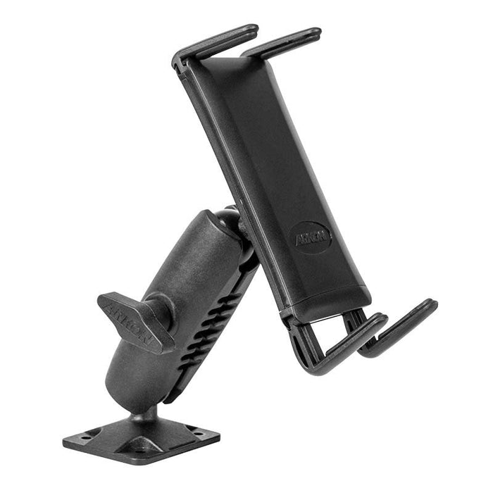 The Slim-Grip® Ultra Heavy Duty Drill Base Mount features a rectangular base and cradle holder to securely hold your phone or tablet. It offers 360° rotation, two side grips, and two bottom supports for added stability.