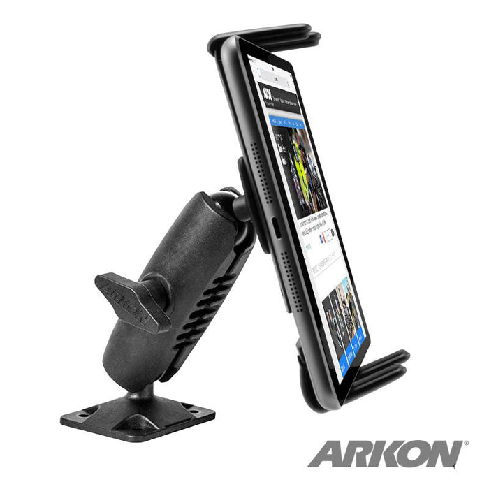 The Slim-Grip® Ultra Heavy Duty Drill Base Mount securely holds a smartphone vertically, offers 360° rotation, attaches to a sturdy base, and features the ARKON logo in the bottom right corner.