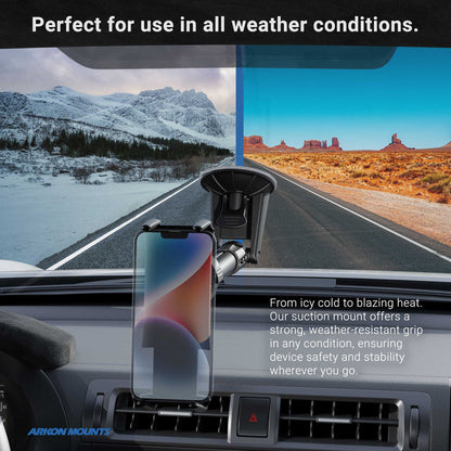 A car dashboard features a Slim-Grip® Ultra Holder with Suction Mount. The view splits: one side shows snow, the other a desert highway. Text highlights its weather-resistant grip and stable, adjustable arm for any condition.