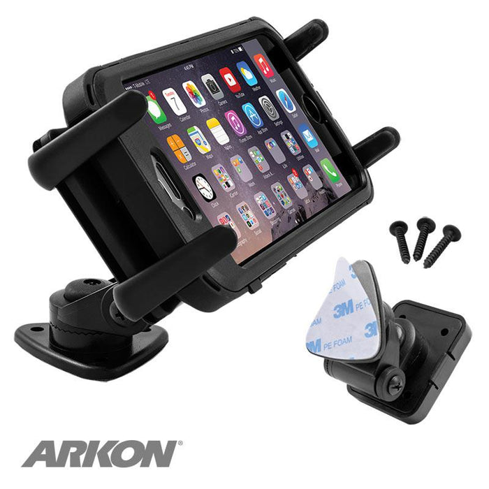 The Slim-Grip® Ultra Multi-Angle Adhesive Phone Car Mount in black holds a smartphone with adjustable arms and includes three screws, an adhesive dash mount pad, plus a base for wall or dashboard mounting.