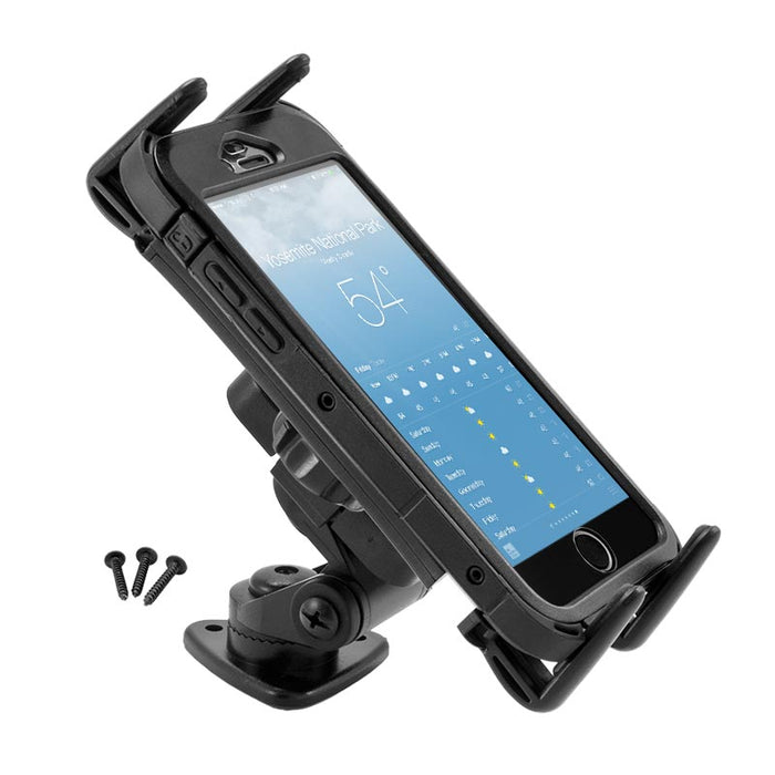 The Slim-Grip® Ultra Multi-Angle Adhesive Phone Car Mount in black holds a phone displaying a weather app on an adjustable base. Three screws are nearby, all on a white background—perfect for mounting phones or tablets in your car.