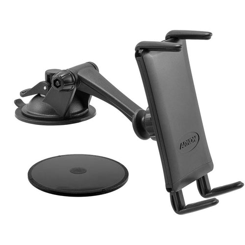 The Slim-Grip® Ultra Sticky Suction Windshield or Dash Phone Car Mount features a black adjustable arm, cradle for smartphones, and a round adhesive mounting pad—compatible with iPhone, Galaxy, Note, iPad, and more.