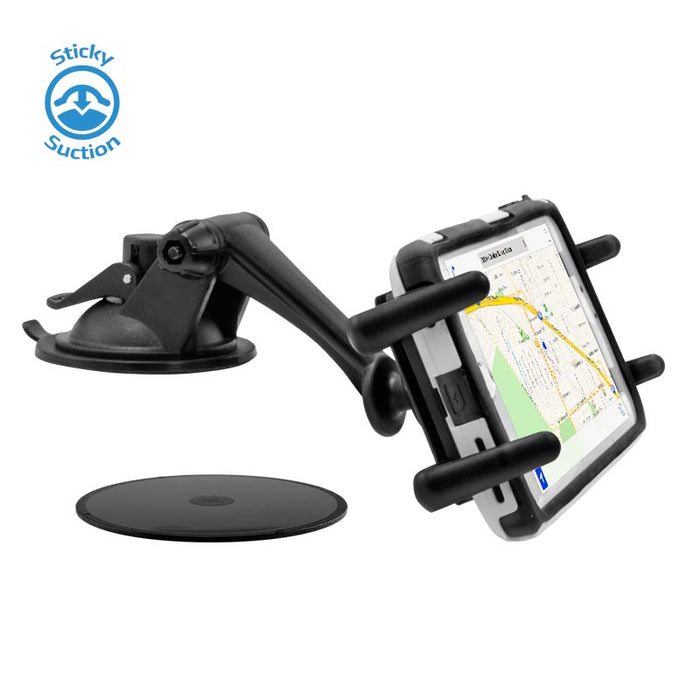 The Slim-Grip® Ultra Sticky Suction Windshield or Dash Phone Car Mount securely holds a smartphone with a map app in landscape mode. A round adhesive pad is shown below, with the Sticky Suction logo at the top left.