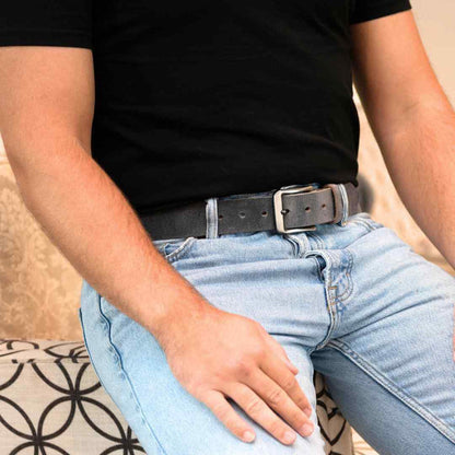 Casual Belt. 1.5 inch gray full grain leather belt with nickel free silver buckle. Distressed Gray