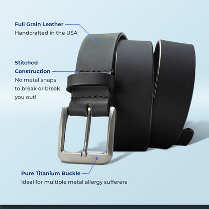 Full grain leather: crafted in USA; Stitched construction: no metal snaps; Pure titanium buckle.